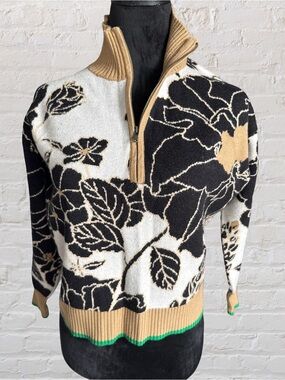Maeve Black, White & Camel Floral Half-Zip Sweater